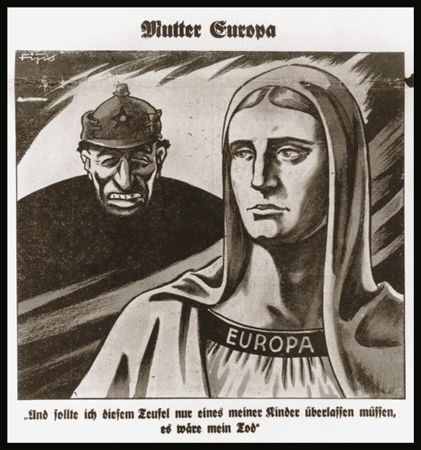 Caricature on the front page of the Nazi publication, Der Stuermer, depicting the Jew as the devil threatening Mother Europe